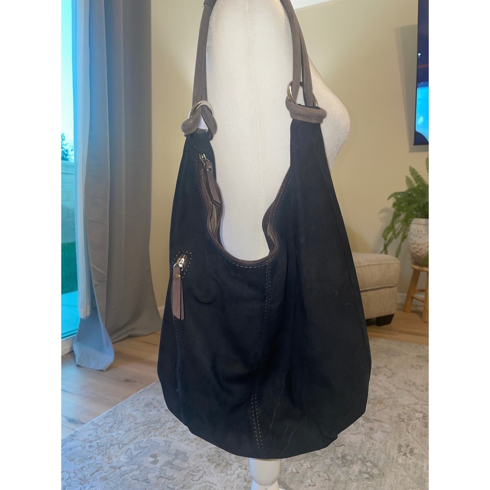 100% Toscana Italy Black Genuine Leather Hobo Shoulder Bag Brown Strap - Picture 2 of 7